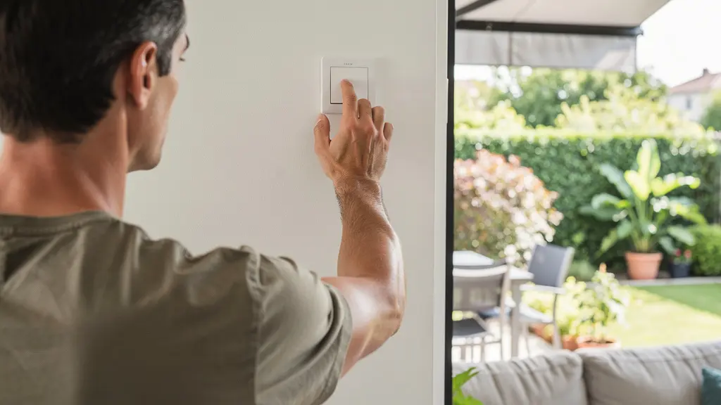 Personne utilisant un interrupteur mural pour commander un store motorisé visible par la baie vitrée