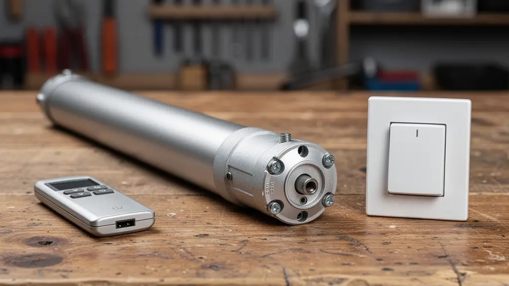 Moteur tubulaire pour store banne et télécommande radio posés sur établi d'atelier