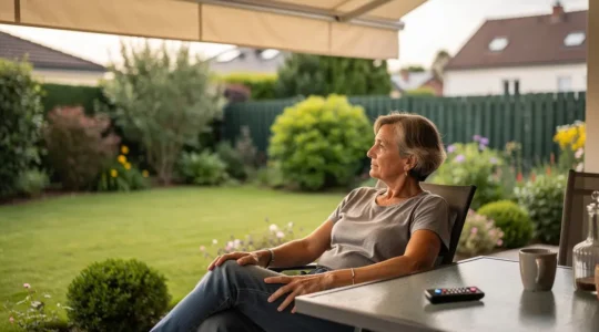 Store banne motorisé déployé sur terrasse ensoleillée avec télécommande posée sur table de jardin