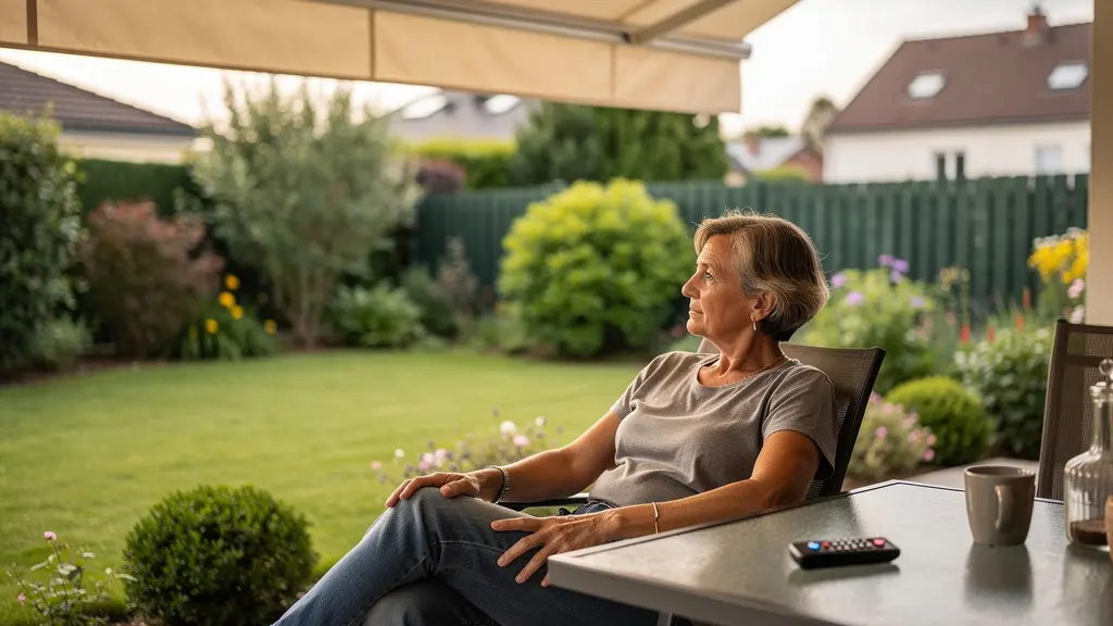 Store banne motorisé déployé sur terrasse ensoleillée avec télécommande posée sur table de jardin