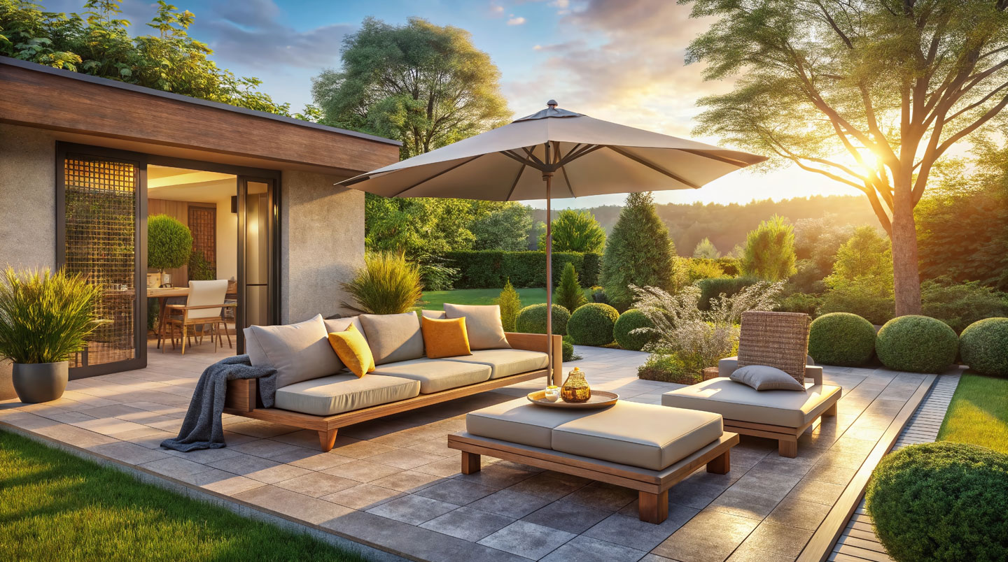 Terrasse vide sous un soleil de midi écrasant, mobilier de jardin abandonné, ombres très marquées et forte luminosité créant une sensation de chaleur intense