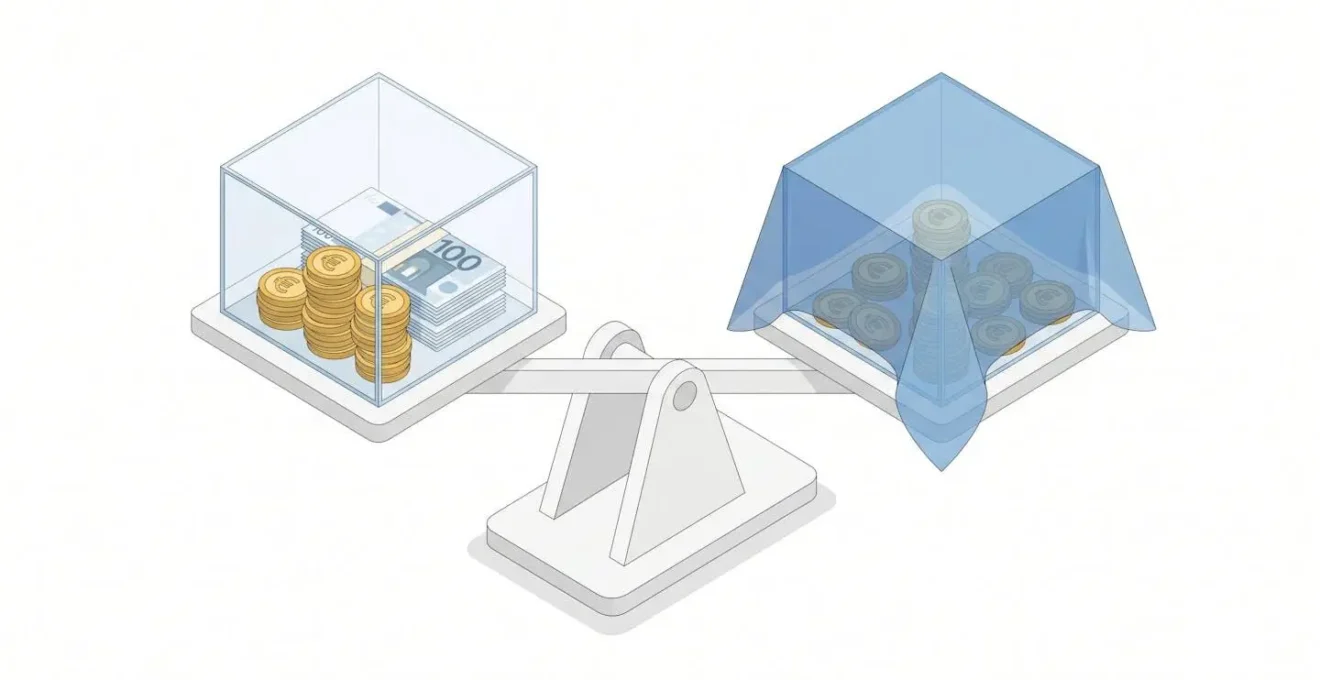 Balance isométrique en équilibre avec pièces euros visibles à gauche et pièces partiellement cachées sous voile transparent à droite