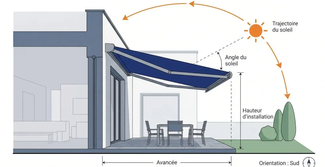 Schéma technique en vue de côté montrant une terrasse avec store banne déployé, lignes de mesure indiquant l'avancée, la hauteur et l'angle du soleil