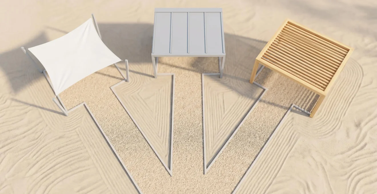 Vue aérienne d'un jardin zen avec trois chemins menant chacun à un type différent de structure d'ombrage : voile tendue, auvent fixe aluminium et pergola à lames
