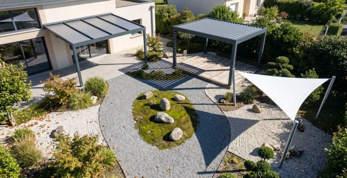 Vue aérienne d'un jardin zen avec trois chemins menant chacun à un type différent de structure d'ombrage : voile tendue, auvent fixe aluminium et pergola à lames
