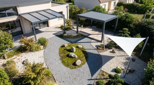 Vue aérienne d'un jardin zen avec trois chemins menant chacun à un type différent de structure d'ombrage : voile tendue, auvent fixe aluminium et pergola à lames