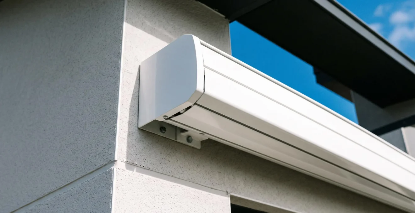 Gros plan sur le coffre aluminium blanc thermolaqué d'un store banne en position fermée, fixé sur façade moderne, montrant la qualité des finitions