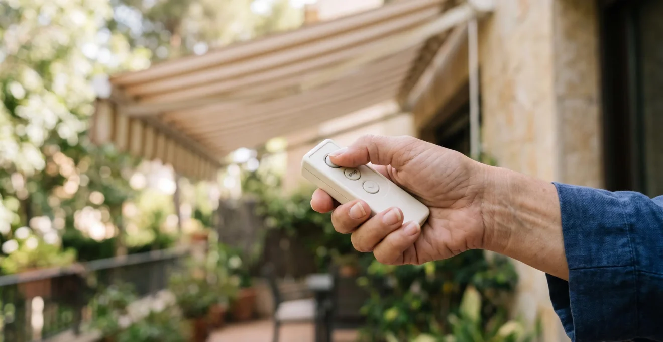 Main féminine actionnant une télécommande blanche de store motorisé avec le pouce, store banne en cours de déploiement visible en arrière-plan
