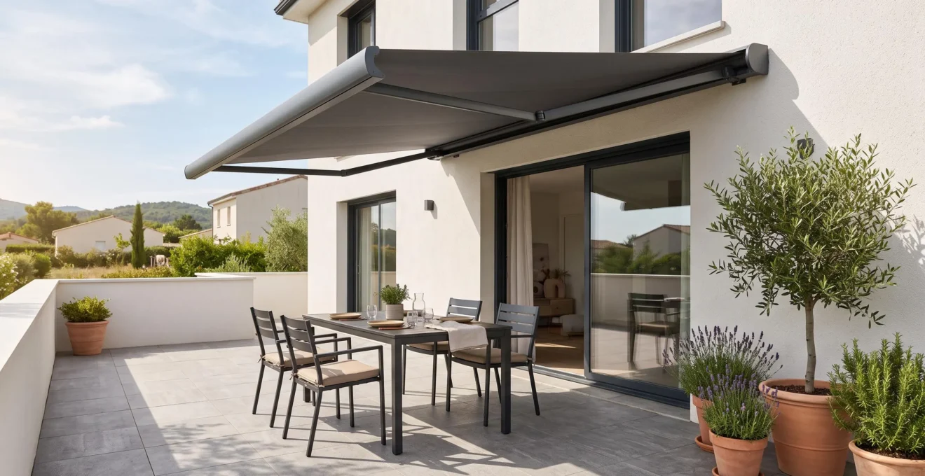Store banne coffre intégral gris anthracite déployé au-dessus d'une terrasse résidentielle moderne avec salon de jardin à l'ombre, façade contemporaine et végétation méditerranéenne