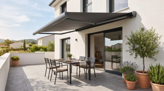 Store banne coffre intégral gris anthracite déployé au-dessus d'une terrasse résidentielle moderne avec salon de jardin à l'ombre, façade contemporaine et végétation méditerranéenne