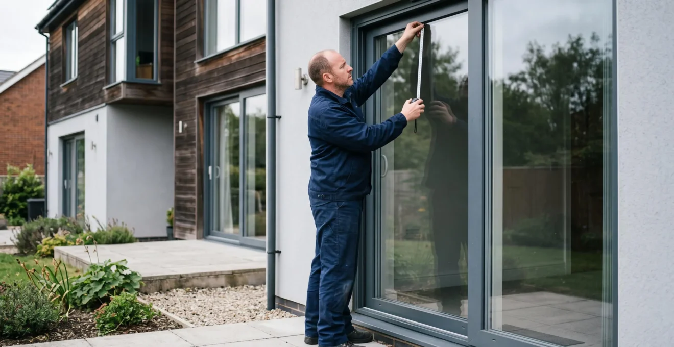 Technicien de profil mesurant la largeur d'une baie vitrée coulissante avec un mètre ruban pour déterminer les dimensions d'un store banne adapté