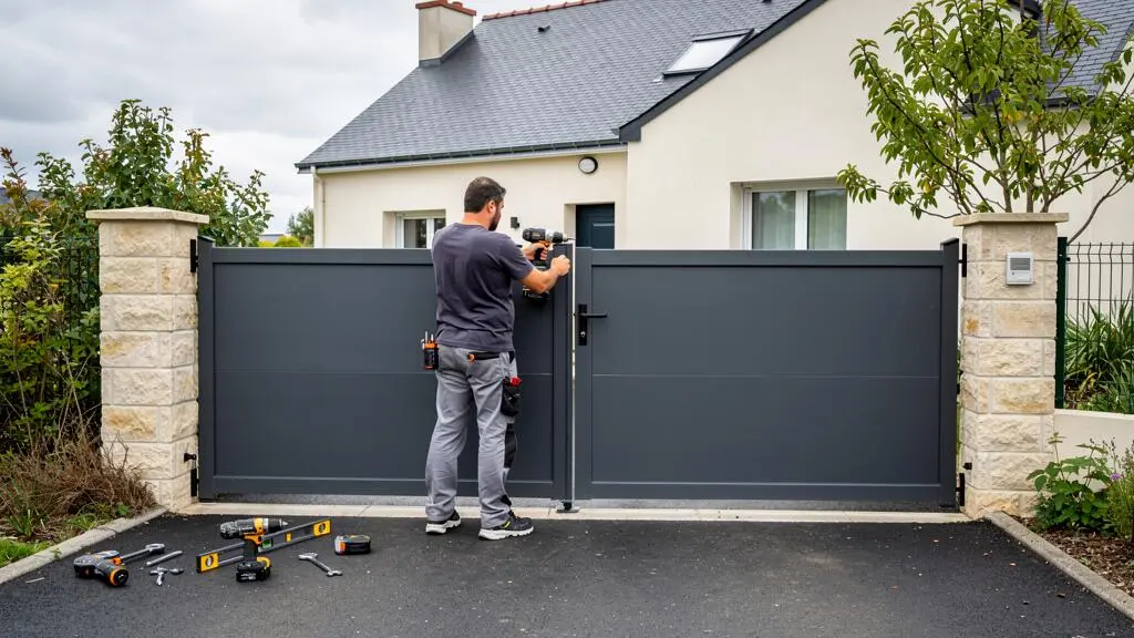 Installateur professionnel en train de fixer un portail métallique à l'entrée d'une propriété résidentielle à Cholet